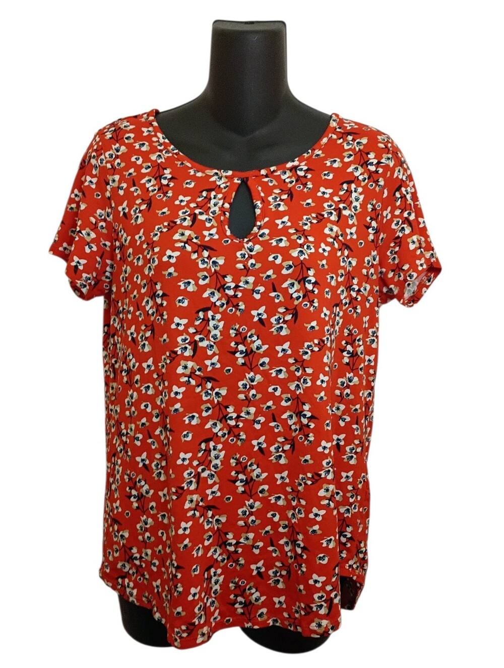 Red Flower Top Floral Keyhole Short Sleeve Scoop Neck Blouse Shirt White